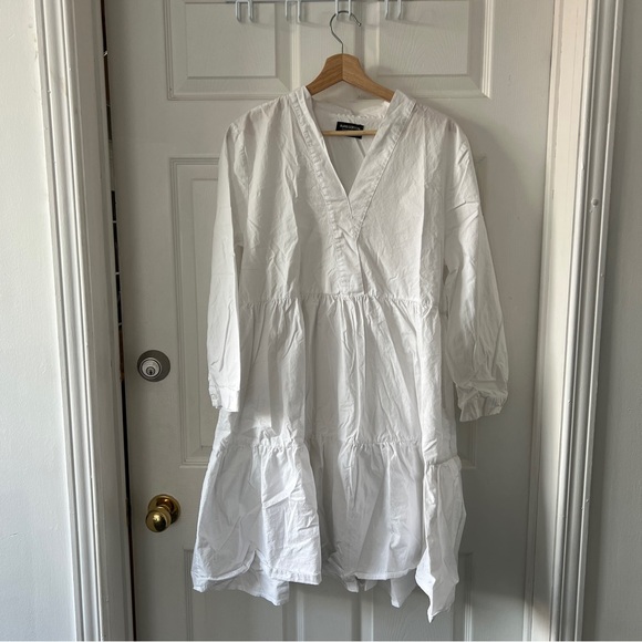 Pure Cotton Dresses & Skirts - White V-Neck Tiered Dress
